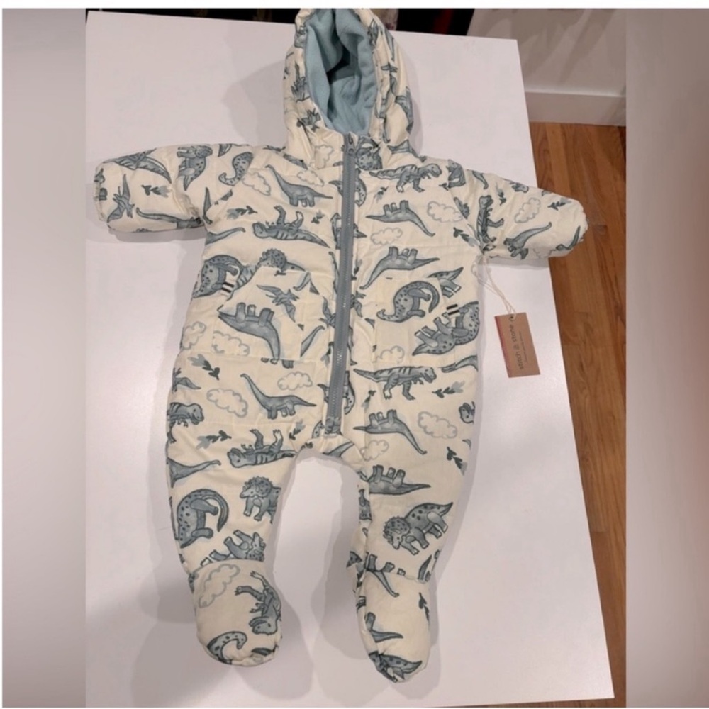 Stitch & Stone NEW Bunting Suit Dinosaurs Cream Grey Blue Baby 9 Months